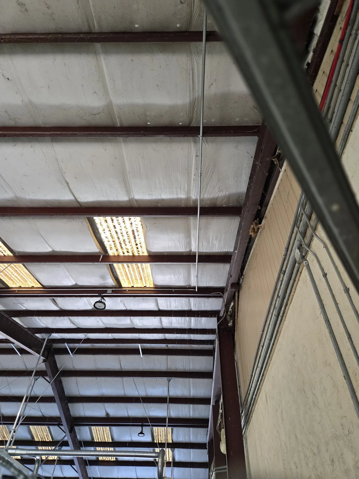 Illuminated commercial work bay with overhead fixtures