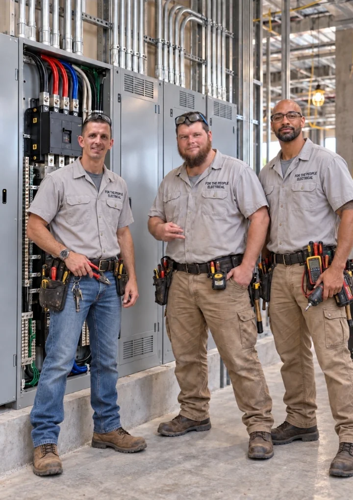 Three For The People Electrical Services electricians beside commercial electrical equipment